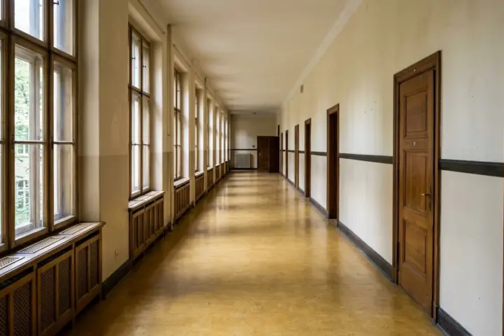 Ein menschenleerer Flur in einem Berliner Schulgebäude mit hohen Fenstern und geschlossenen Holztüren am Vormittag.