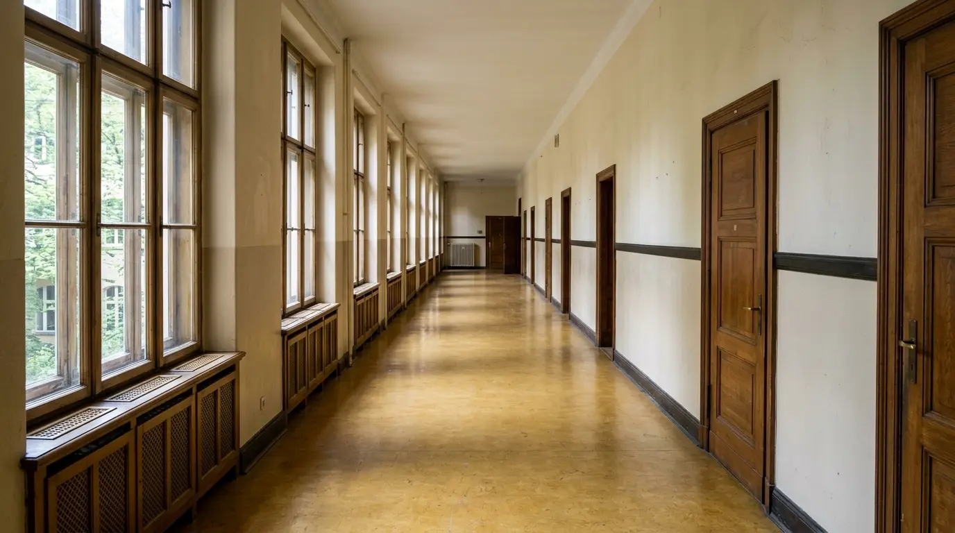 Ein menschenleerer Flur in einem Berliner Schulgebäude mit hohen Fenstern und geschlossenen Holztüren am Vormittag.