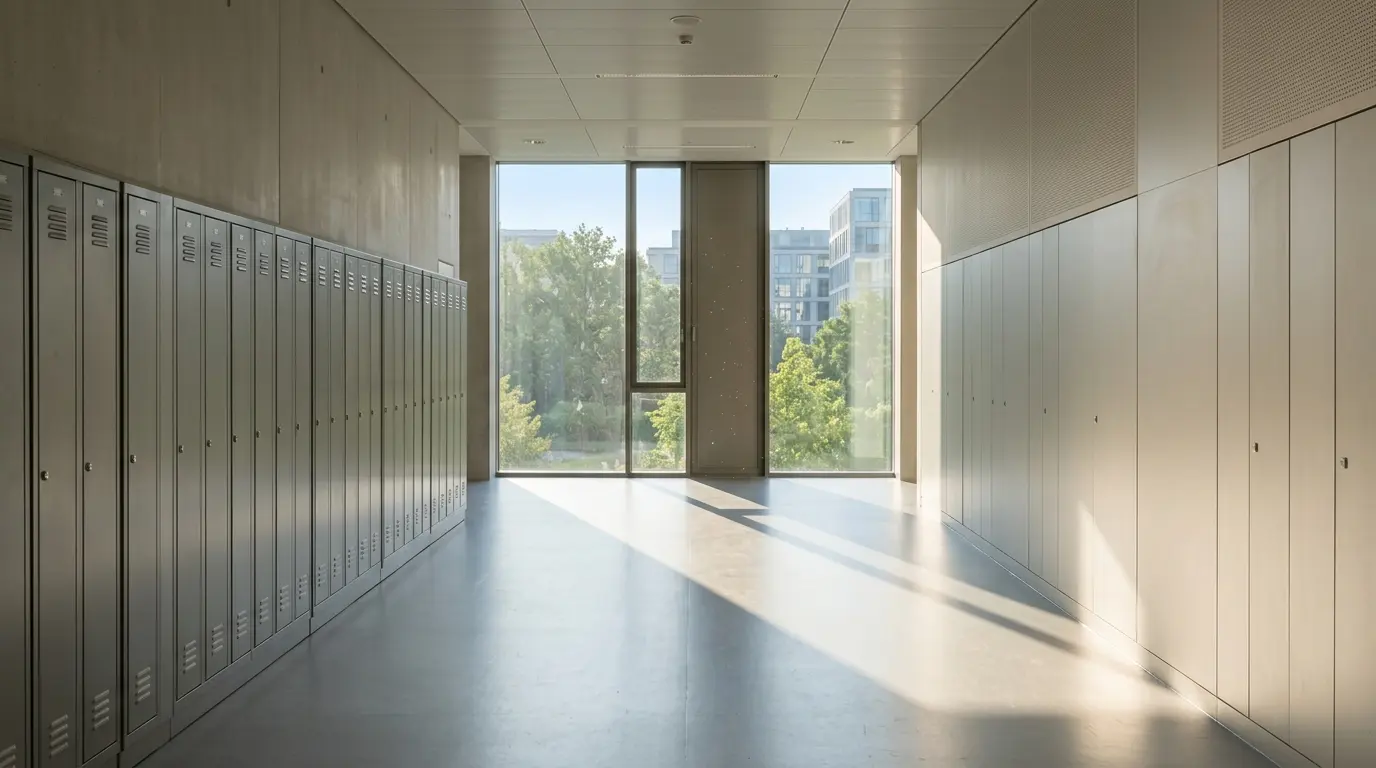 Ein leerer, lichtdurchfluteter Flur in einem Schulgebäude mit schlichten Spinden an der Wand und hellem Bodenbelag.