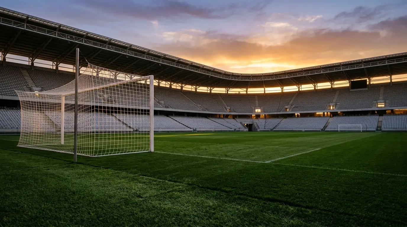 Leeres Fußballstadion bei Sonnenuntergang mit einem Tornetz im Vordergrund und unbesetzten Rängen.