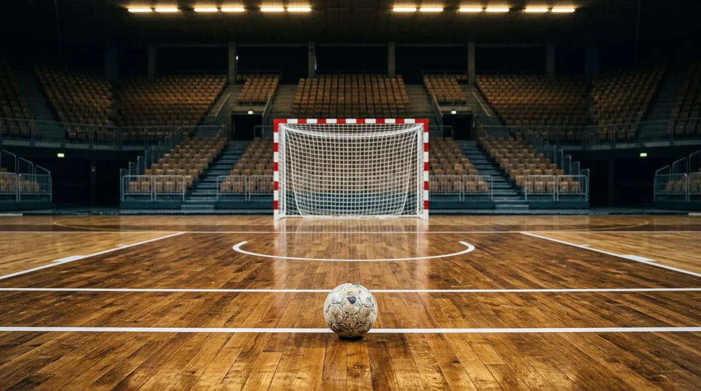 Ein Handball liegt auf dem glänzenden Parkettboden einer leeren Halle vor einem rot-weiß gestreiften Tor.