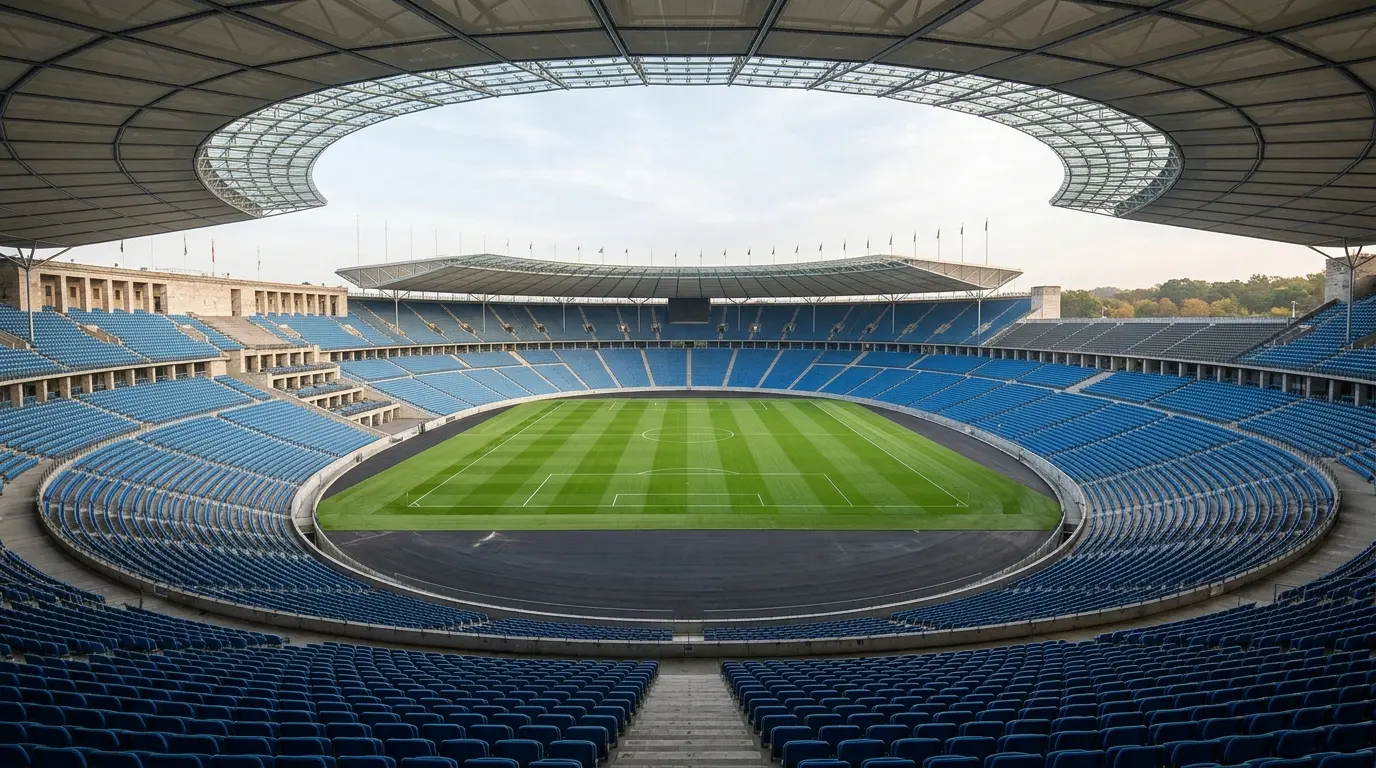 Leeres Olympiastadion mit gepflegtem grünem Rasen und blauen Rängen im warmen Herbstlicht