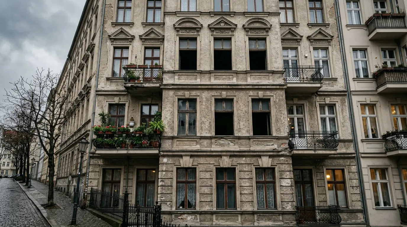 Fassade eines Berliner Altbaus mit dunklen, kargen Fenstern einer unbewohnten Wohnung zwischen belebten Balkonen.