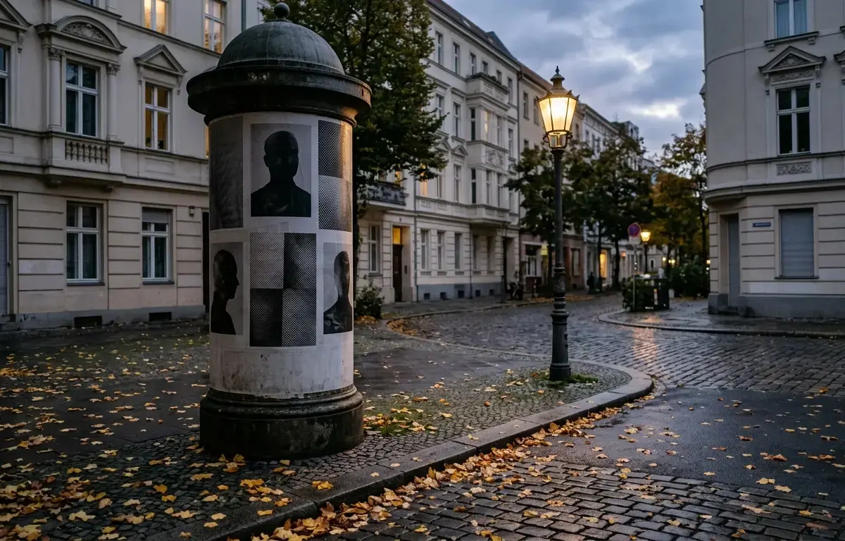 Klassische Berliner Litfaßsäule mit monochromen Plakaten an einer herbstlichen Straßenecke bei Dämmerung.