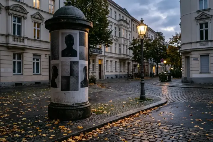Klassische Berliner Litfaßsäule mit monochromen Plakaten an einer herbstlichen Straßenecke bei Dämmerung.