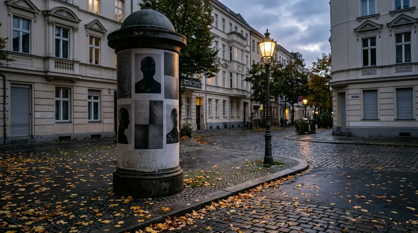 Klassische Berliner Litfaßsäule mit monochromen Plakaten an einer herbstlichen Straßenecke bei Dämmerung.