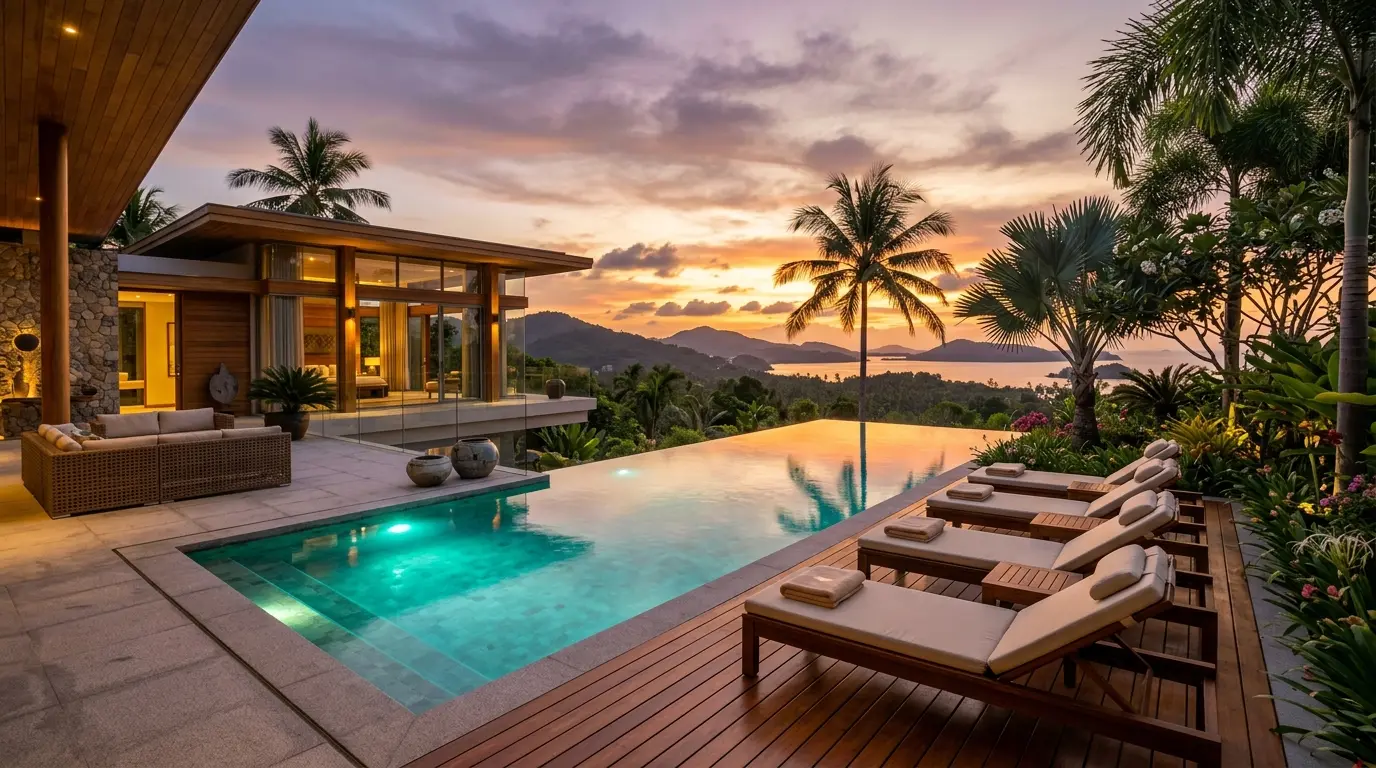 Drehort der Datingshow mit Edin Volarov: Luxuriöse Villa mit Pool, Liegestühlen und Palmen in Thailand im Abendlicht.