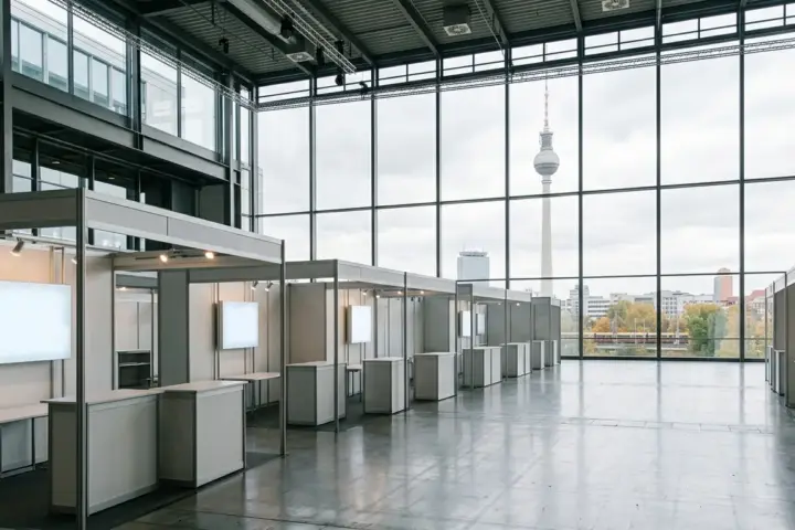 Moderne leere Messehalle mit Bildschirmen vor einer Glasfront mit Blick auf den Fernsehturm im Hintergrund.