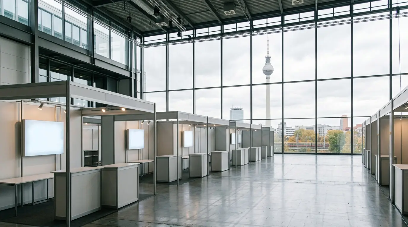 Moderne leere Messehalle mit Bildschirmen vor einer Glasfront mit Blick auf den Fernsehturm im Hintergrund.