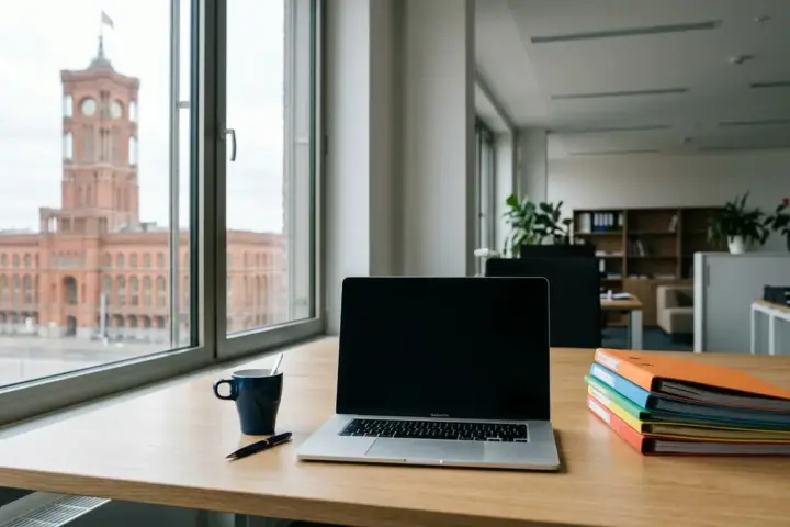 Heller Schreibtisch mit Laptop und Aktenordnern vor einem Fenster mit Blick auf das Rote Rathaus.
