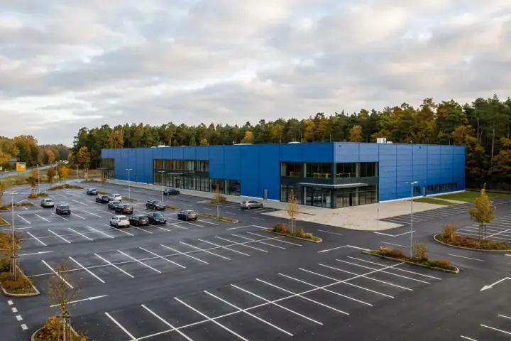 Ein blaues Möbelhaus mit Parkplatz am Waldrand kurz vor den IKEA Waltersdorf Öffnungszeiten.