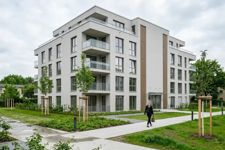 Neubau-Wohnhaus mit sechs Etagen, hell verputzter Fassade, Balkonen und frisch bepflanztem Gehweg im Vordergrund.