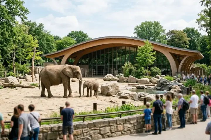 Zwei Afrikanische Elefanten auf einer sandigen Freianlage vor einem modernen, geschwungenen Pavillon mit Glasfassade.