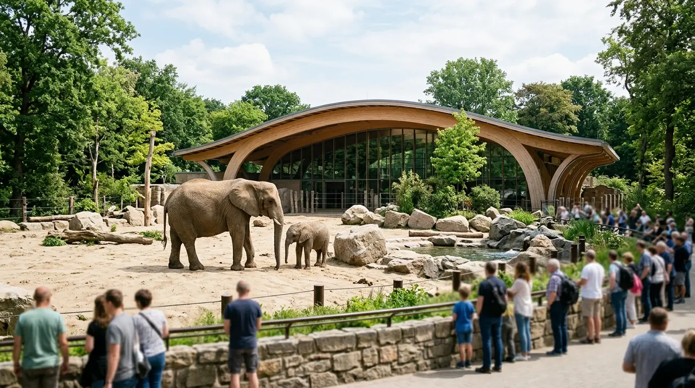 Zwei Afrikanische Elefanten auf einer sandigen Freianlage vor einem modernen, geschwungenen Pavillon mit Glasfassade.