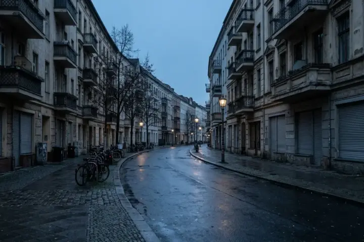 Leere Berliner Straße im Dämmerlicht mit geschlossenen Ladenlokalen und nasser Fahrbahn.