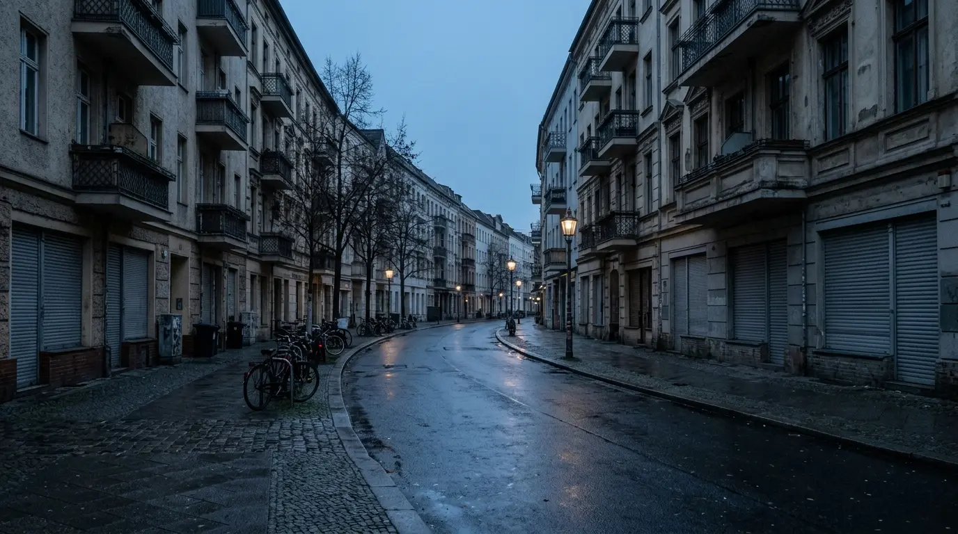 Leere Berliner Straße im Dämmerlicht mit geschlossenen Ladenlokalen und nasser Fahrbahn.