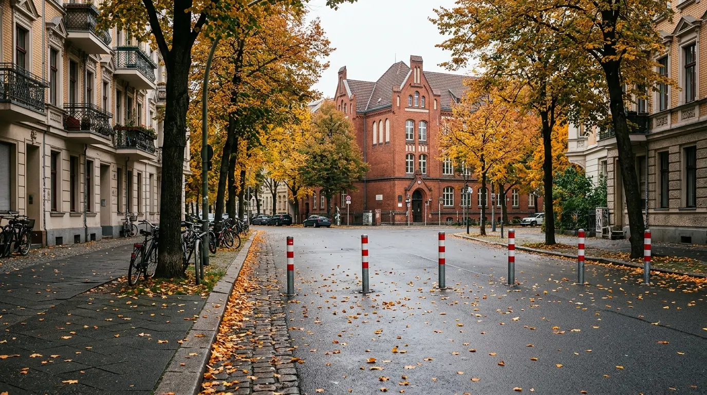 Rot-weiße Poller auf einer gepflasterten Berliner Straße vor einem Schulgebäude mit buntem Herbstlaub auf dem Asphalt.