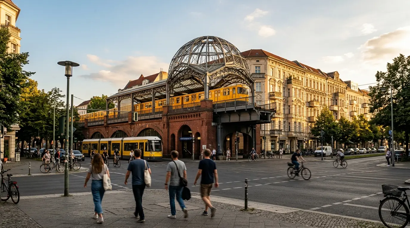 Historischer Hochbahnhof mit offener Stahlkuppel über einer belebten Straßenkreuzung in Berlin