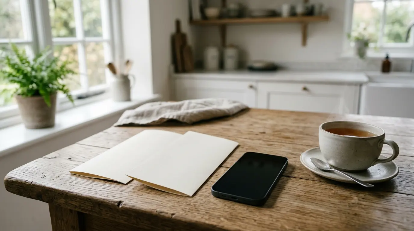 Ein unbedruckter Faltflyer und ein Smartphone liegen neben einer Teetasse auf einem hellen Holztisch.
