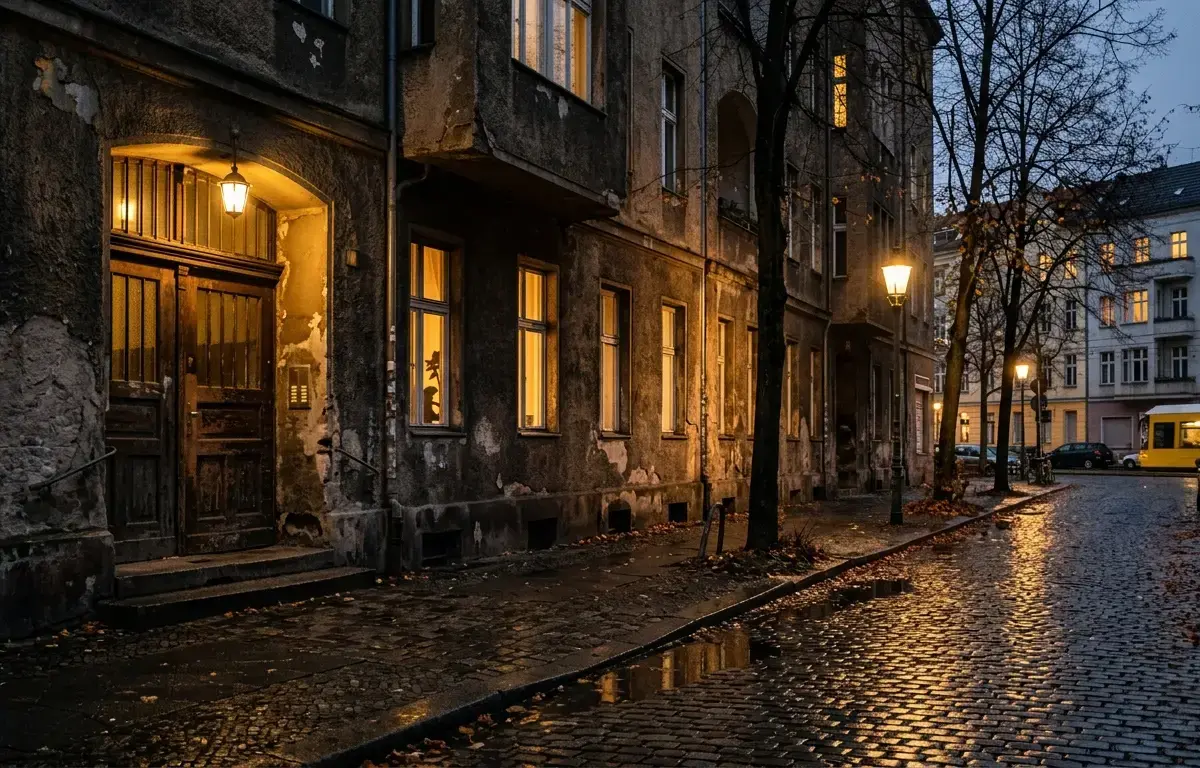 Eingang einer Notunterkunft der Kältehilfe Friedrichshain-Kreuzberg an einer Altbaustraße am Abend.