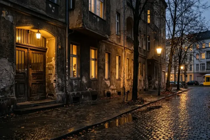 Eingang einer Notunterkunft der Kältehilfe Friedrichshain-Kreuzberg an einer Altbaustraße am Abend.