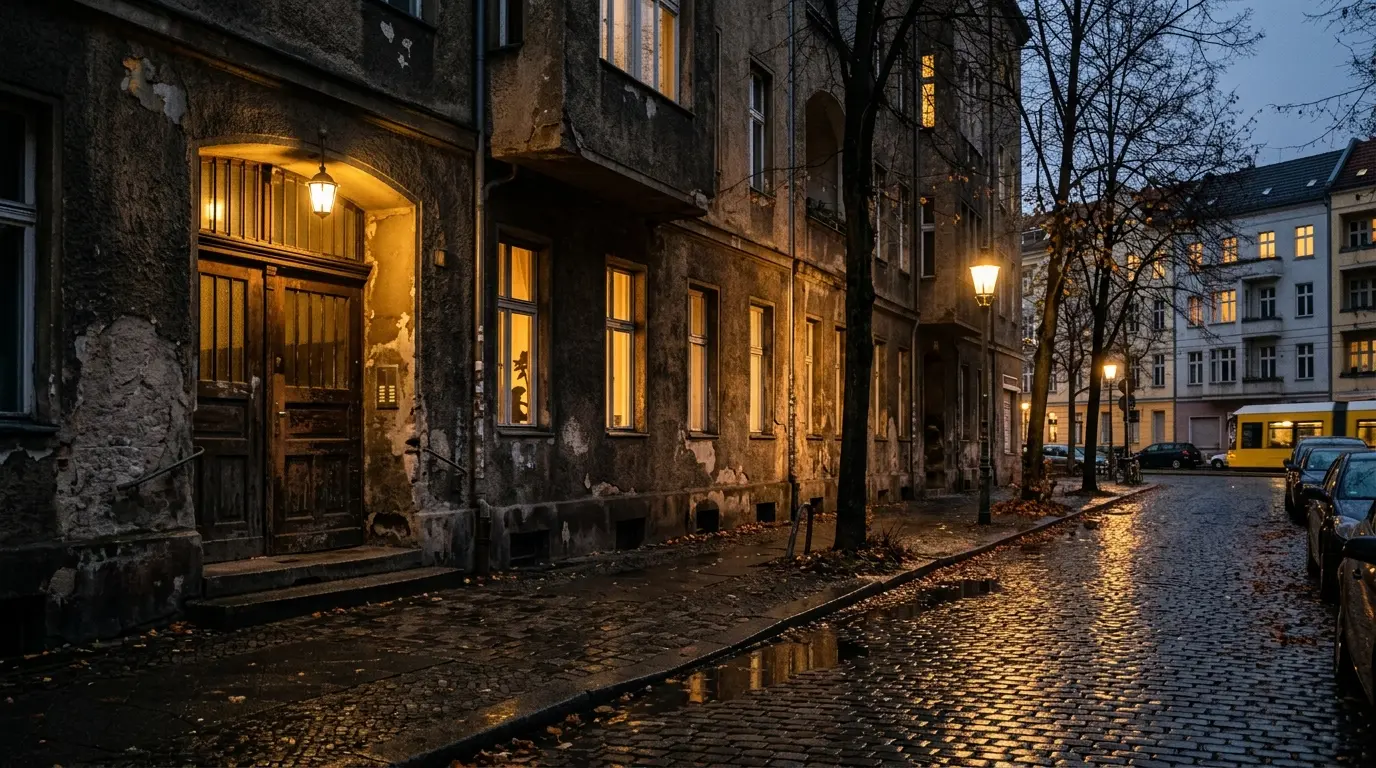 Eingang einer Notunterkunft der Kältehilfe Friedrichshain-Kreuzberg an einer Altbaustraße am Abend.