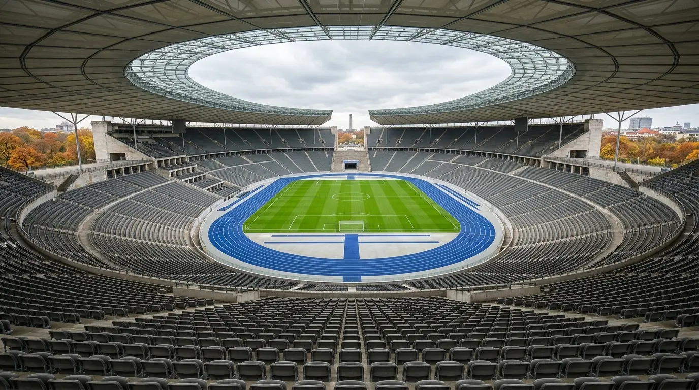 Blick auf das weite, leere Stadionoval mit grüner Rasenfläche, blauer Laufbahn und grauen Tribünenreihen bei klarem