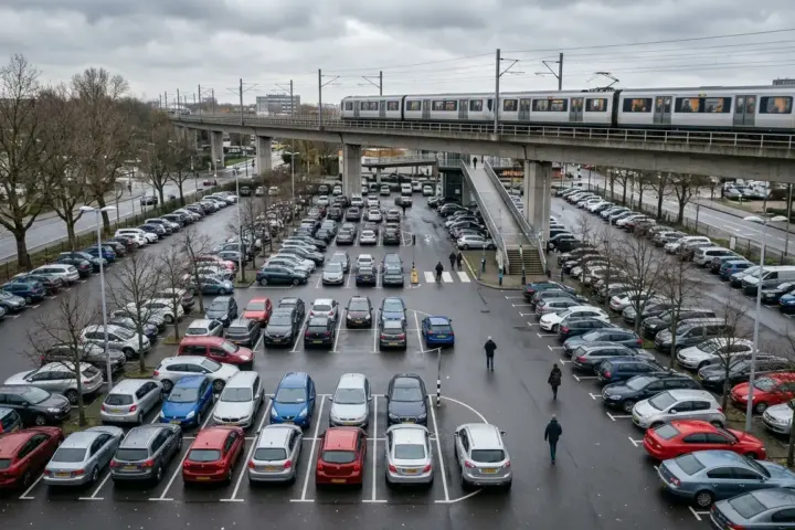 Voller Parkplatz an einer Bahnstrecke mit geparkten Autos am Morgen und einer vorbeifahrenden S-Bahn im Hintergrund