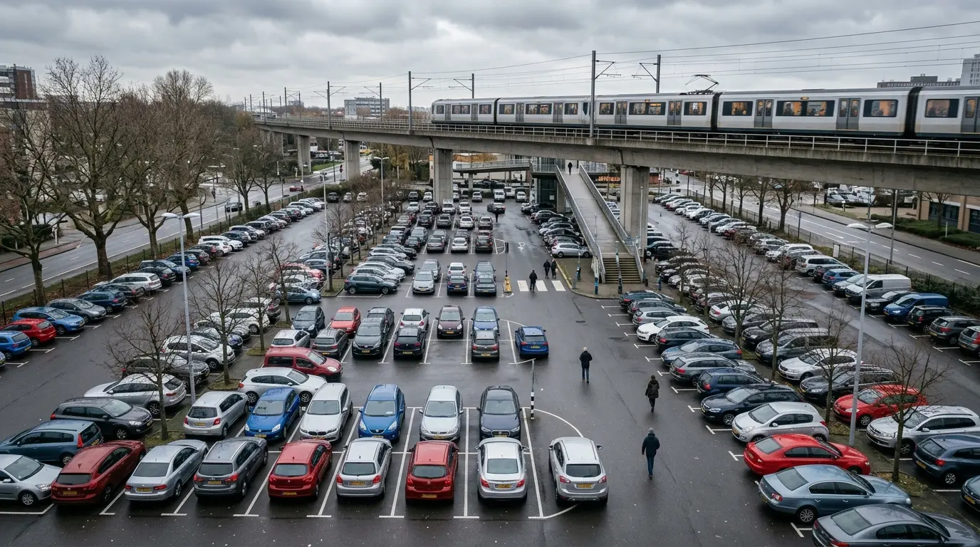 Voller Parkplatz an einer Bahnstrecke mit geparkten Autos am Morgen und einer vorbeifahrenden S-Bahn im Hintergrund