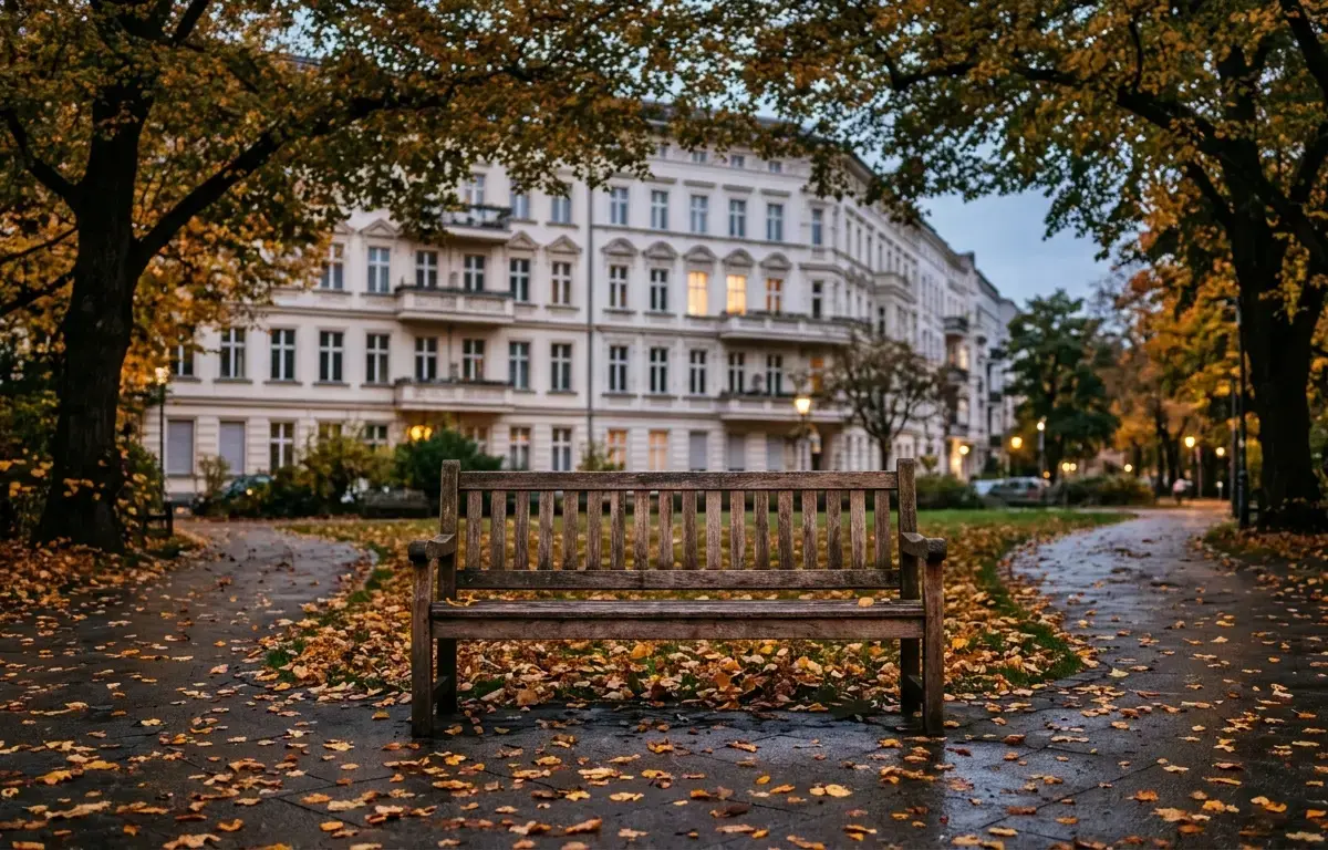 Eine leere Holzbank im Abendlicht unter herbstlichen Bäumen vor einer unscharfen Berliner Altbaufassade.