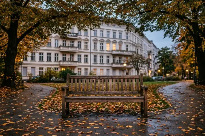 Eine leere Holzbank im Abendlicht unter herbstlichen Bäumen vor einer unscharfen Berliner Altbaufassade.