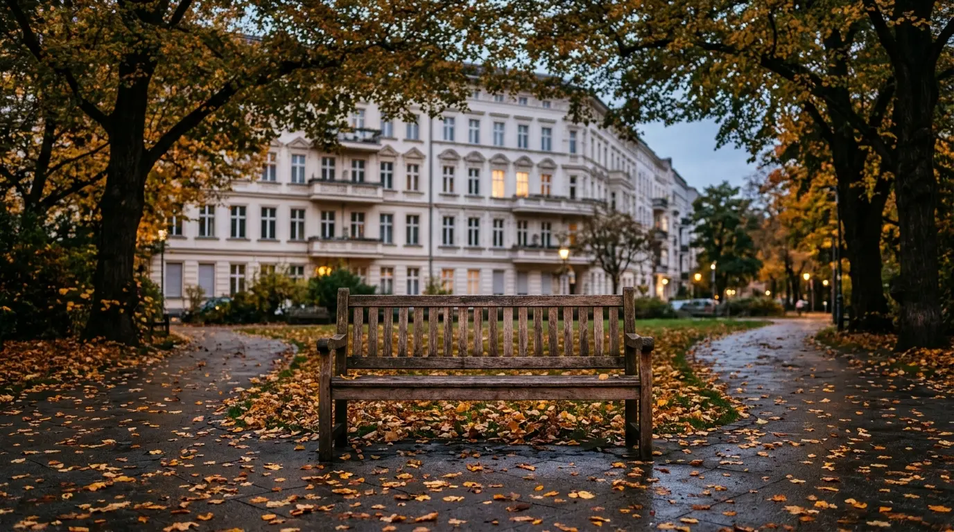 Eine leere Holzbank im Abendlicht unter herbstlichen Bäumen vor einer unscharfen Berliner Altbaufassade.