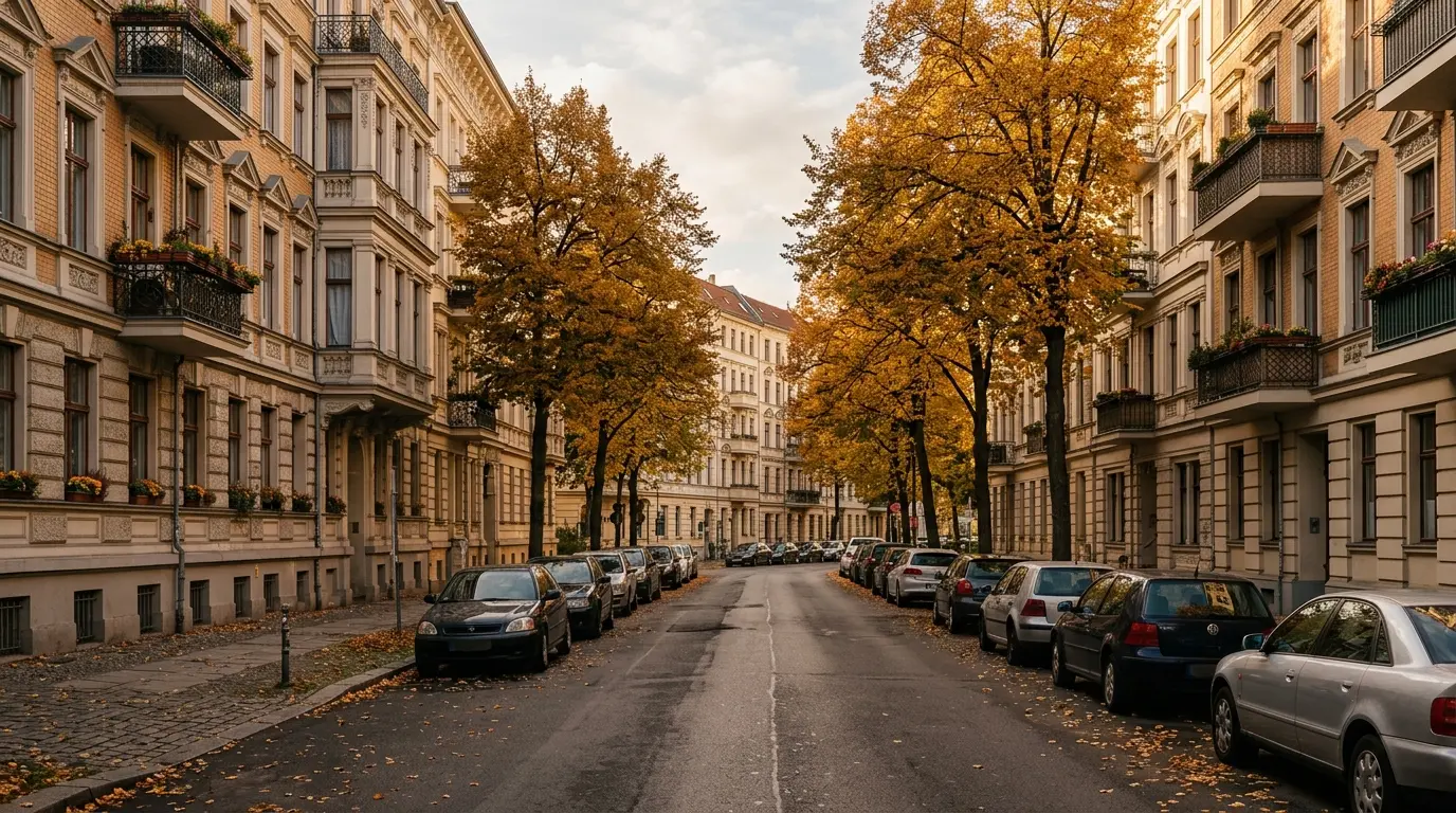 Ruhige Straße in Charlottenburg mit beidseitig parkenden Autos vor historischen Altbaufassaden im warmen Herbstlicht.