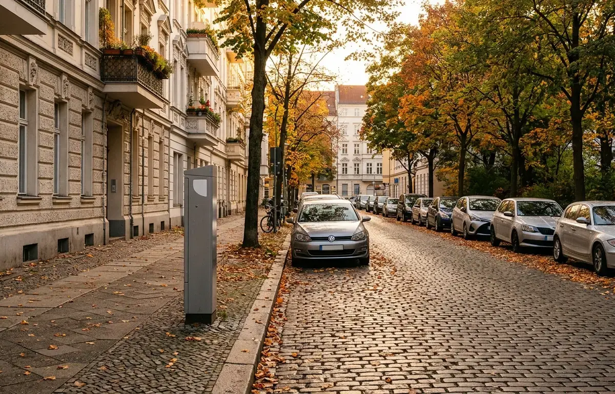 Kopfsteinpflasterstraße mit Altbaufassaden, herbstlichen Bäumen, parkenden Autos und einem Parkscheinautomaten am Gehweg.