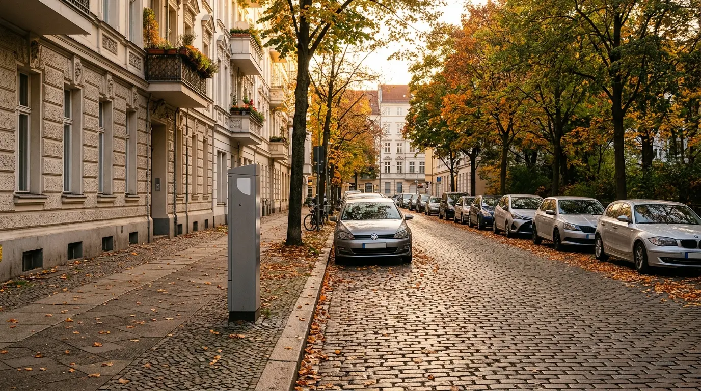 Kopfsteinpflasterstraße mit Altbaufassaden, herbstlichen Bäumen, parkenden Autos und einem Parkscheinautomaten am Gehweg.
