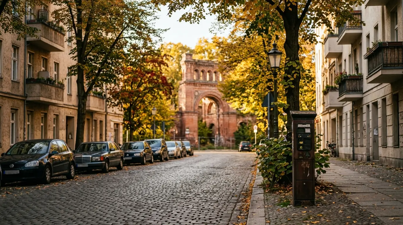 Geparkte Autos an einem Gehweg mit Parkscheinautomat vor der Ziegelruine eines Bahnhofsportals im Herbstlicht.