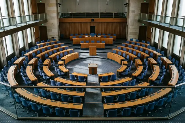 Blick von der Tribüne auf den leeren Plenarsaal mit Rednerpult nach der AfD Spitzenkandidatur Berlin.