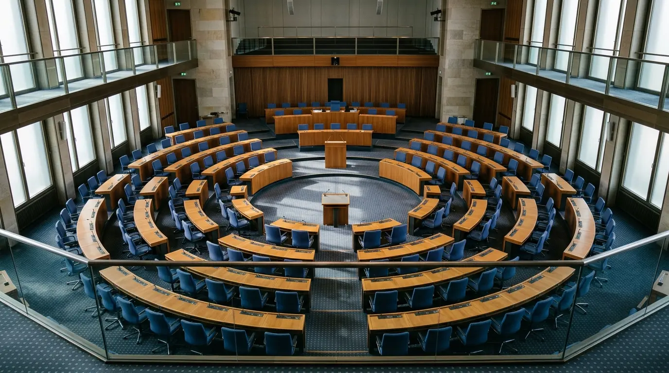 Blick von der Tribüne auf den leeren Plenarsaal mit Rednerpult nach der AfD Spitzenkandidatur Berlin.