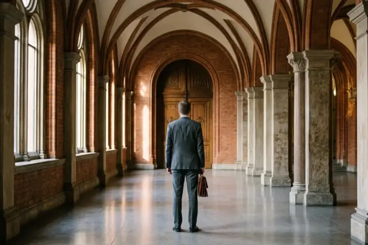 Ein weiter Backsteingang in einem Berliner Amtsgebäude mit hohen Rundbögen und einer Person im dunklen Anzug von hinten.