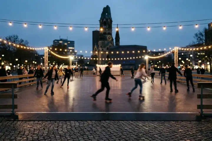 Die beleuchtete Rollschuhbahn am Breitscheidplatz am Abend mit Skater-Silhouetten vor der Gedächtniskirche.
