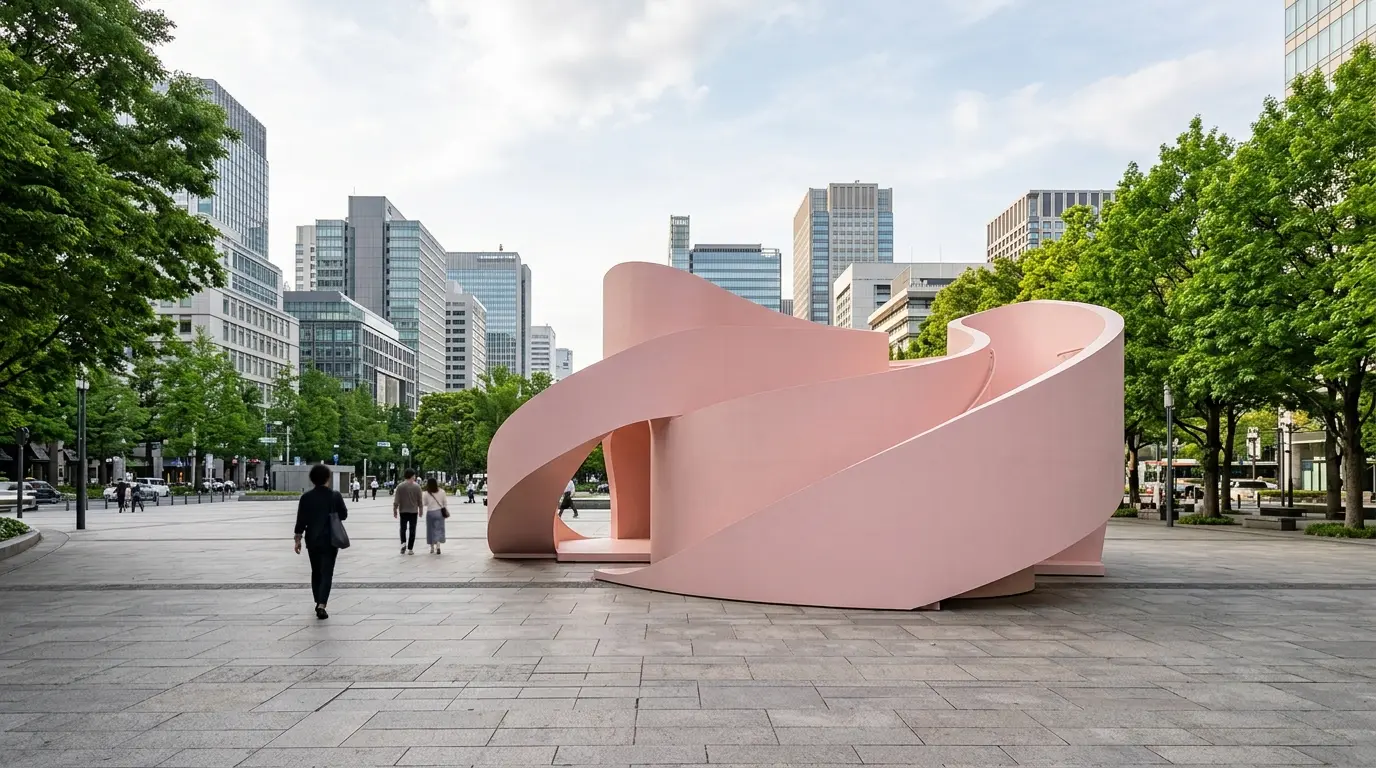 Ein geschwungener rosafarbener Pavillon steht auf einem gepflasterten Stadtplatz, Passanten im Hintergrund.