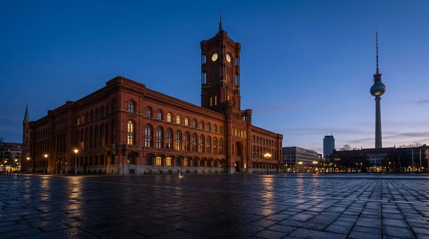 Fassade des Roten Rathauses aus rotem Backstein in der Abenddämmerung mit dem Fernsehturm im Hintergrund.