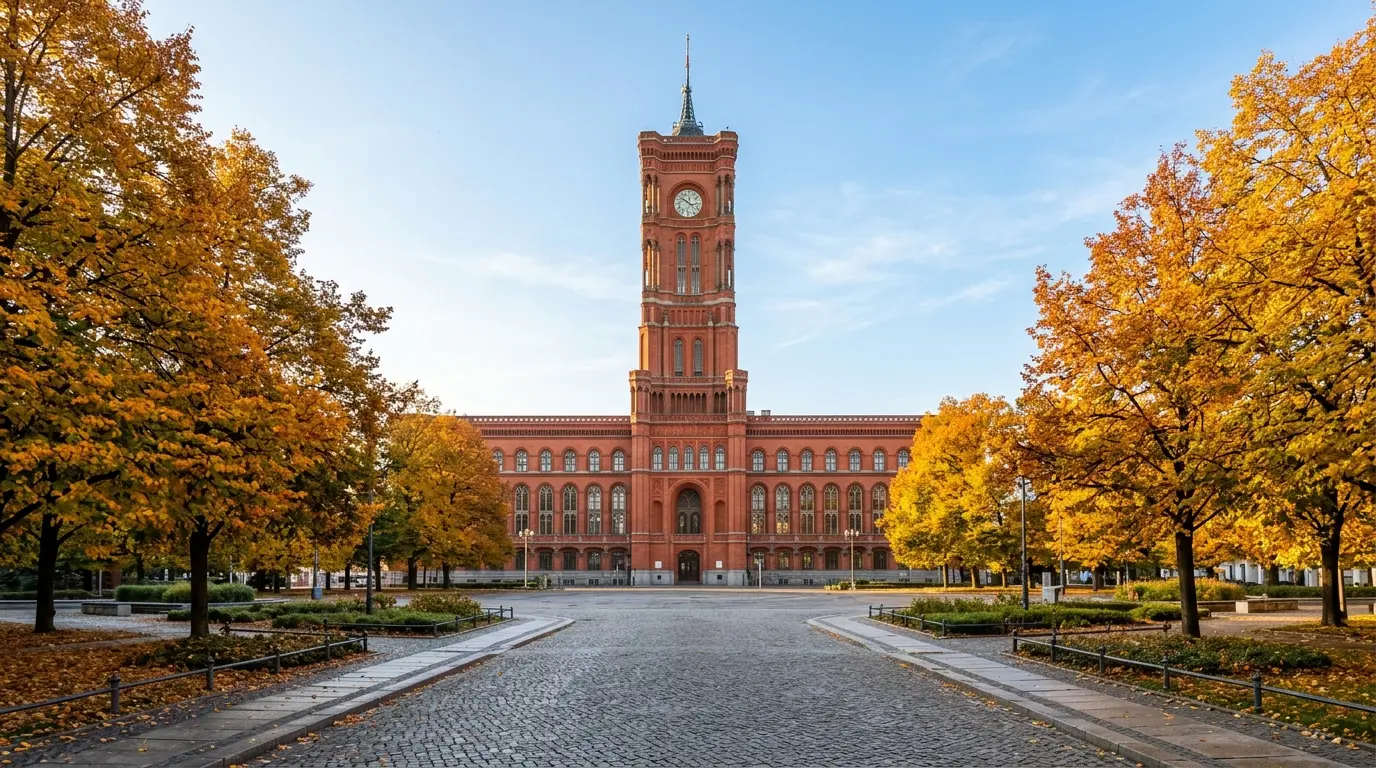Die rote Klinkerfassade des Berliner Rathauses im warmen Herbstlicht hinter Bäumen mit gelben Blättern ohne Passanten.