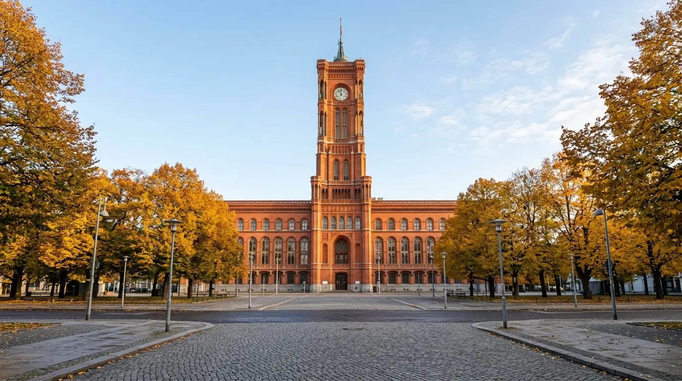Rotes Rathaus in Berlin mit markantem Turm und roter Backsteinfassade bei sonnigem Herbstlicht