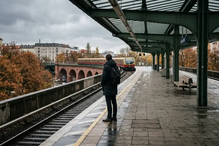 Ein Fahrgast mit Mantel steht von hinten auf einem leeren, nassen Bahnsteig und blickt auf die Gleise.