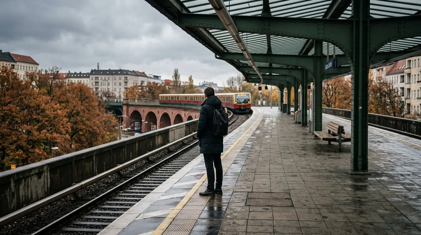 Ein Fahrgast mit Mantel steht von hinten auf einem leeren, nassen Bahnsteig und blickt auf die Gleise.