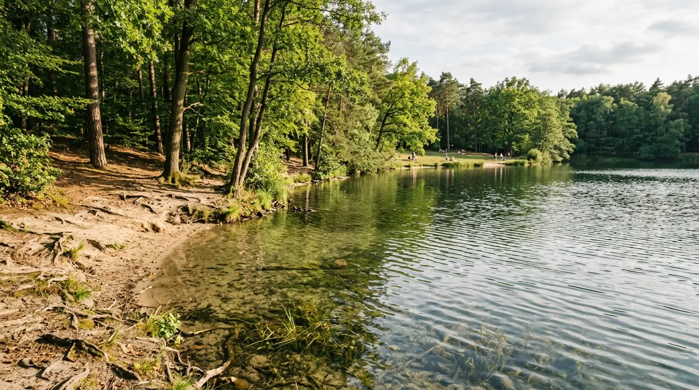 Klares Seewasser und bewaldetes Ufer mit Kiefern und Laubbäumen am Schlachtensee im sonnigen Nachmittagslicht.