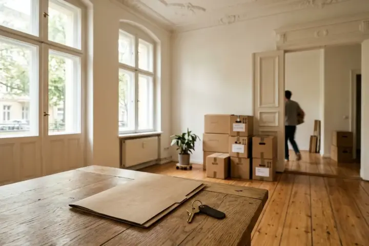 Wohnungsschlüssel auf einem Holztisch neben Umzugskartons in einem hellen Altbauzimmer mit Dielenboden.