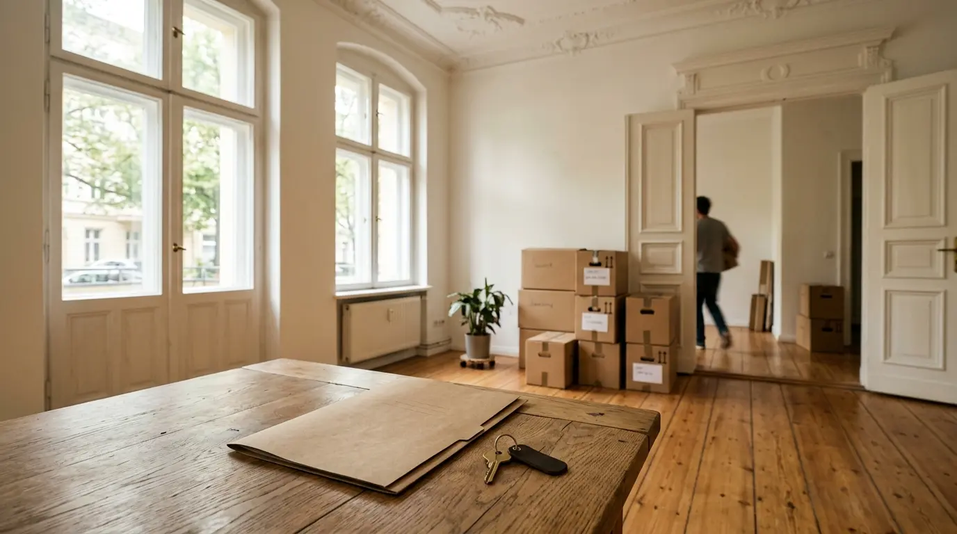 Wohnungsschlüssel auf einem Holztisch neben Umzugskartons in einem hellen Altbauzimmer mit Dielenboden.