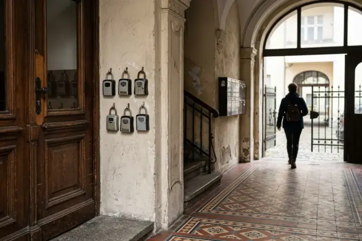Mehrere metallene Schlüsselsafes an einer verputzten Wand im Hausflur eines Berliner Altbaus neben einer Flügeltür.